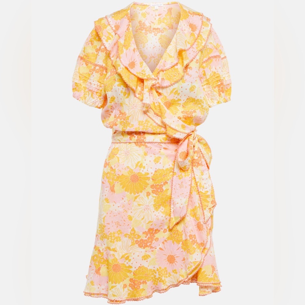 NWT Poupette St Barth Aude Floral Wrap Minidress In Yellow - size Large